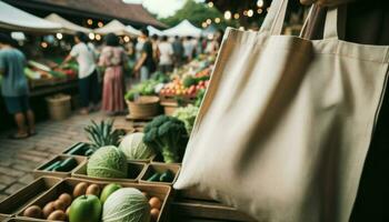 Wide photo of blank organic produce bag prominently displayed in the foreground, showcasing a market green and earth brown color scheme.. Generative AI