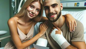 Close-up photo of a young woman with blonde hair sitting beside a man with a shaved head, both in a hospital setting.. Generative AI