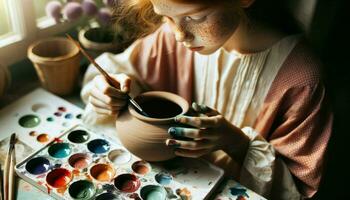 close-up of a young girl with freckles, of European descent, concentrating as she delicately paints a ceramic pot.. Generative AI photo