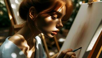 Close-up photo of a young woman with auburn hair, intently painting on a canvas in an outdoor setting. Generative AI
