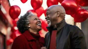 Old couple having happy moments in front of red balloons. Generative AI photo