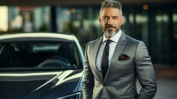 Successful businessman posing in front of his luxury car. Generative AI photo