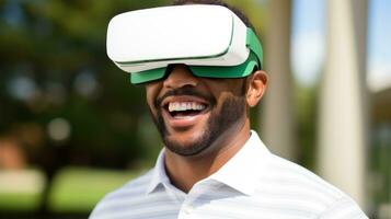 A man enjoying the interactive world of VR gaming. Generative AI photo