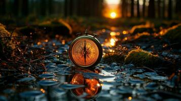 Vintage compass on a wet surface, reflecting its surroundings.. Generative AI photo