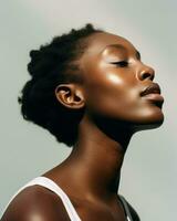 A visually appealing African woman, gracefully closing her eyes and gazing upwards.. Generative AI photo