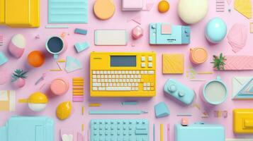 A delightful collage of vintage office supplies on a soft pink surface.. Generative AI photo