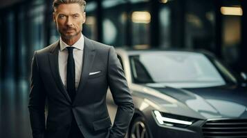 Successful businessman posing in front of his luxury car. Generative AI photo