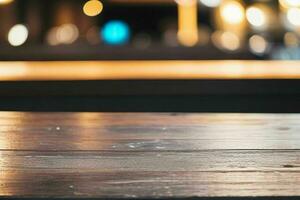 wooden table in front of a blurred background of restaurant lights. AI Generative Pro Photo