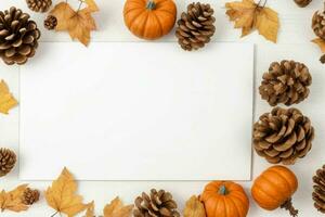 pumpkin, pine cones and dry leaves decoration. paperwhite blank card mockup background. AI Generative Pro Photo