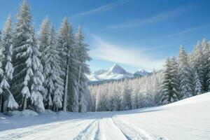 winter with fresh snow covered forests and mountains. background. AI Generative Pro Photo