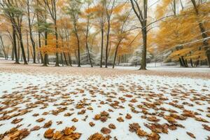 fallen leaves in snowy forest park. background. AI Generative Pro Photo