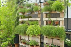 pallets with hanging plants vertical garden. background. AI Generative Pro Photo