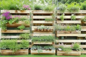 pallets with hanging plants vertical garden. background. AI Generative Pro Photo