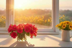 Window and flower on table blurred background. AI Generative Pro Photo