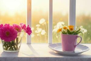 Window and flower on table blurred background. AI Generative Pro Photo