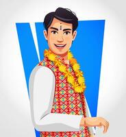 vector lado perfil de un nepalés joven hombre posando con tilak en frente y maravilla cuerda para bhai tihar o bhai tika