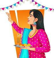 vector lado actitud de un indio mujer aplicando tika y participación puja thali en el ocasión de bhai dooj