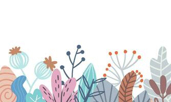 Plants in flat style with space for text. Forest, garden or jungle background. Foliage banner, spring and summer cards design, nature poster. Vector illustration.