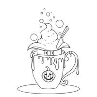 Coffee in a mug at Halloween with a ghost in a witch hat. Ghost in a mug on Halloween. vector