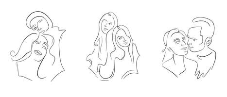Contour drawing of pairs. Linear artistic illustration of faces. Continuous linear drawing of couples in love. Printing for design, postcards, backgrounds, invitations vector