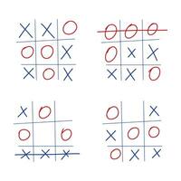 tic-tac-toe juego 4 4 combinaciones, 2 gana y 2 pérdidas azul y rojo. un juego de tic tac dedo del pie en un colegio cuaderno con un rojo y azul bolígrafo vector