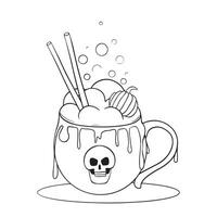 Coffee latte for Halloween with a skull, pumpkin and cookies. Mystical decoration of a Halloween mug with smudges. Coloring pages for Halloween vector