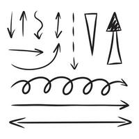 conjunto de flechas dibujado por mano con un bolígrafo o marcador en diferente versiones. conjunto de negro largo flechas en un blanco antecedentes. vector