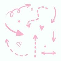 Set of arrows in pink of different shapes. Dotted arrow, rounded arrow, heart. Drawing arrows by hand. Show the direction with a hand-drawn arrow vector