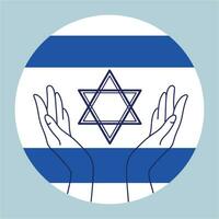 National flag of Israel with the Star of David in open palms round sign logo icon emblem design on a white background.Vector illustration.Support for the Jewish people vector