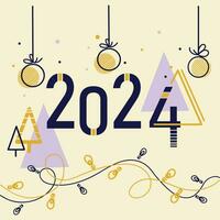 Happy New Year 2024 numbers abstract banner poster card design with Christmas balls garlands and abstract pine trees in geometric style. Festive New Year design, background, cover vector illustration