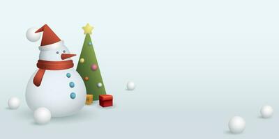 Snowman with decorated christmas tree geometric shapes 3D style vector illustration. Merry Christmas and happy new year greeting card template have blank space.