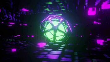 3d Animation von das Welt von Zukunft Technologie und Energie. verschwommen Kreis von Grün Licht es ist bedeckt mit ein Stahl Rahmen Das bewegt sich um. Dort wurden viele lila schwarz Metall Quadrate Umgebung. video