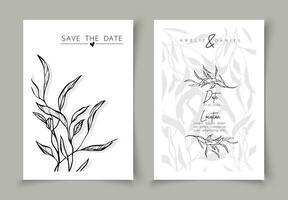 Set of cards minimal hand drawn branch elements in line art style. Botanical leaves frame template. Editable vector design card for advertising, cover, wedding invitation, poster or save the date.