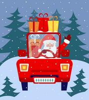Christmas Santa Claus driving red car with gift boxes vector flat illustration. Winter snowy landscape and Christmas trees.
