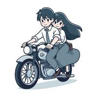 Cute couple of high school students riding motorcycle illustration vector