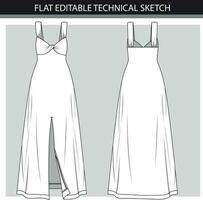 Fashionable evening dress template. Elegant evening dress front, back, white color. Vector illustration, flat sketch.