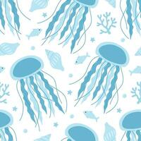 Seamless pattern with cute blue jellyfish, seaweed, shells, fish, starfish and bubbles. Vector flat illustration isolated on white background. Marine print with sea and ocean animals