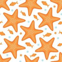 Seamless pattern with cute orange starfish, fish and bubbles. Vector flat illustration isolated on white background. Marine print with sea and ocean animals