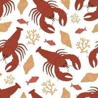 Seamless pattern with cute red lobsters, seaweed, shells and fish. Vector flat illustration isolated on white background. Marine print with sea and ocean animals