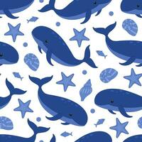 Seamless pattern with cute blue whales, starfish, shells, fish and bubbles. Vector flat illustration isolated on white background. Marine print with sea and ocean animals