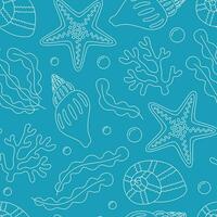 sin costura modelo con estrella de mar, conchas marinas, algas marinas y burbujas contorno blanco mar elementos en un azul antecedentes. submarino vida. vector ilustración
