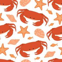 Seamless pattern with cute orange crabs, starfish, shells and fish.Vector flat illustration isolated on white background. Marine print with sea and ocean animals vector