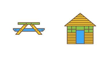 picnic de mesa y madera cabina icono vector