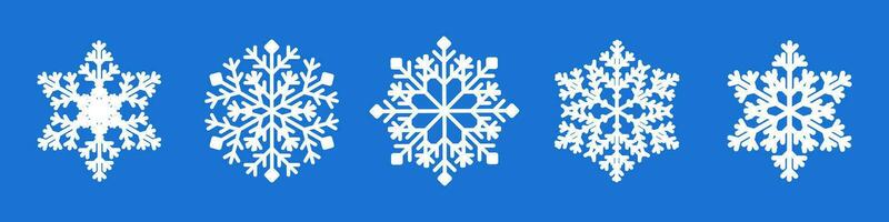 White Snowflake collection isolated on blue background. Flat snow icons, snow flakes silhouette. New year set snowflakes for christmas banner, cards vector