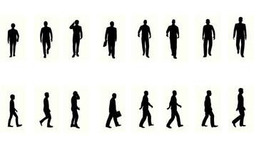 silueta negocio hombre personas caminar en blanco antecedentes. silueta negro personas caminando comunicar blanco pantalla. diseño para animación, personas en pie aislar hablar persona humano silueta cuerpo. video