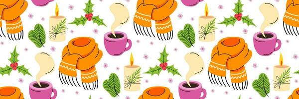 Merry Christmas seamless pattern. Cozy winter items scarf hot drink fir branches and candles. Pattern for background, printing on wrapping paper, wallpaper or fabric. Vector flat illustration.