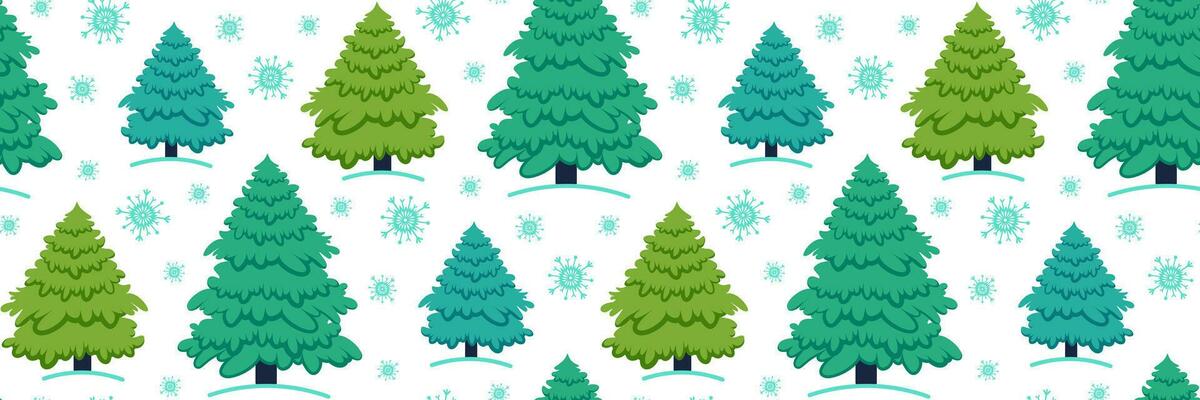 Christmas tree seamless pattern. Winter fir trees and snowflakes background. Pattern for background, printing on wrapping paper, wallpaper or fabric.