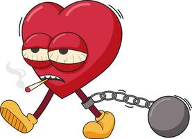 Y2K character heart. Vector image of cartoon heart tired and tortured with cigarette in its teeth and on chains