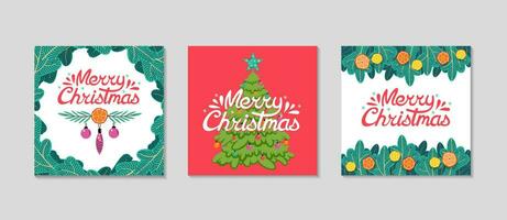 Christmas social media Post set. Festive spruce, lettering, toys. Cute Christmas cards. New Year red and green background. Vector Flat Illustration.