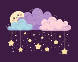 Cute cartoon moon behind clouds with lots of stars. Vector illustration in flat style for toddlers and children, print for children's clothing and goods